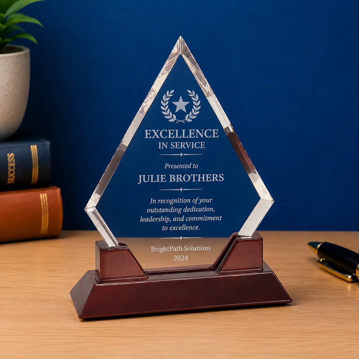 Personalized Diamond Prestige Acrylic Award with Rosewood Base | Custom Engraved Recognition AwardΒ Sams Engraving and Gifts