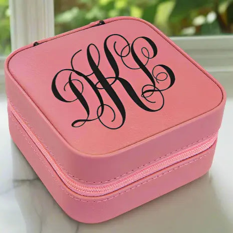 Personalized Travel Jewelry Box with Zipper Closure, Leatherette, 4"x 4″, 11 colors JDS
