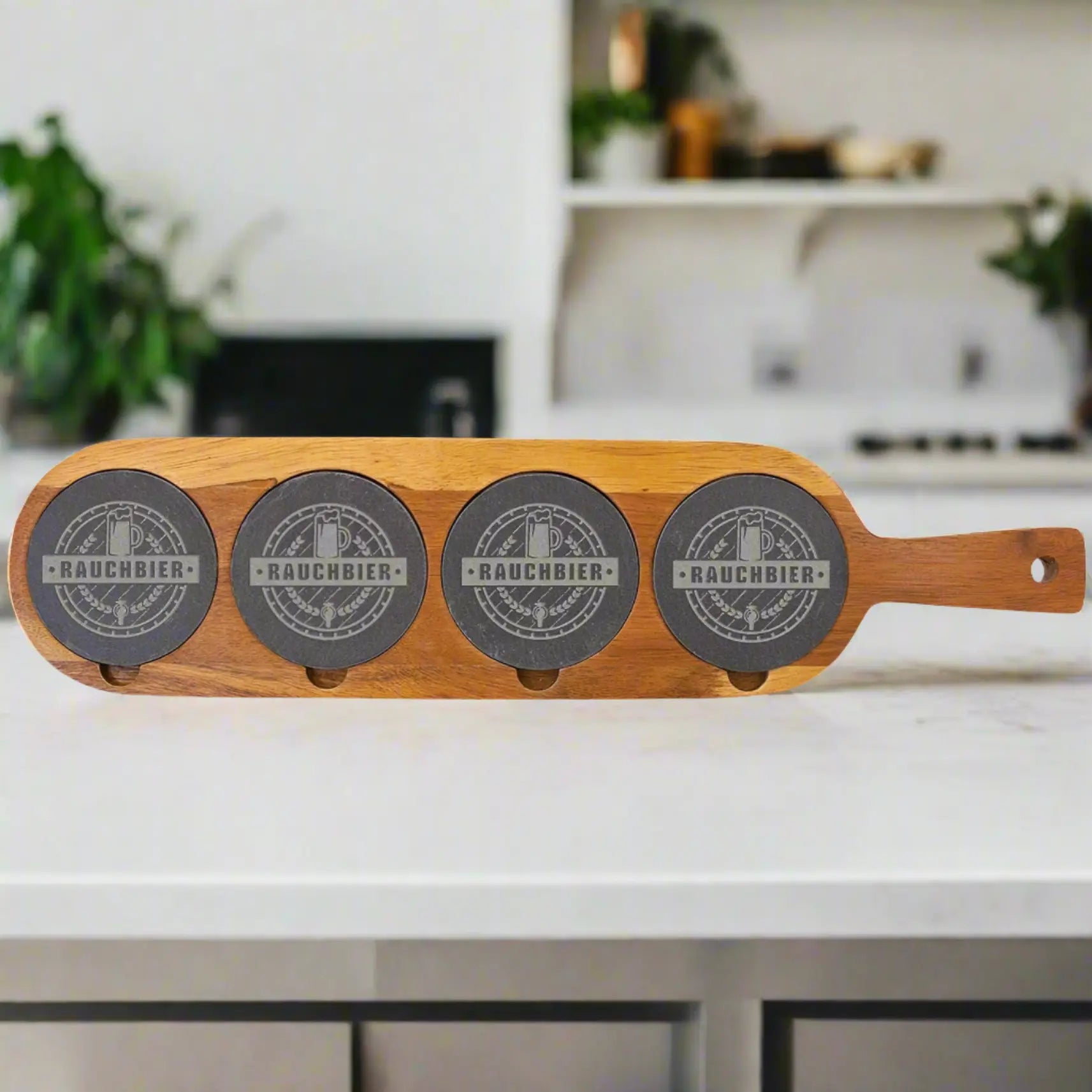 Personalized 4-Piece Serving Flight Board with Handle and Removable Slate Coasters, Acacia Wood JDS