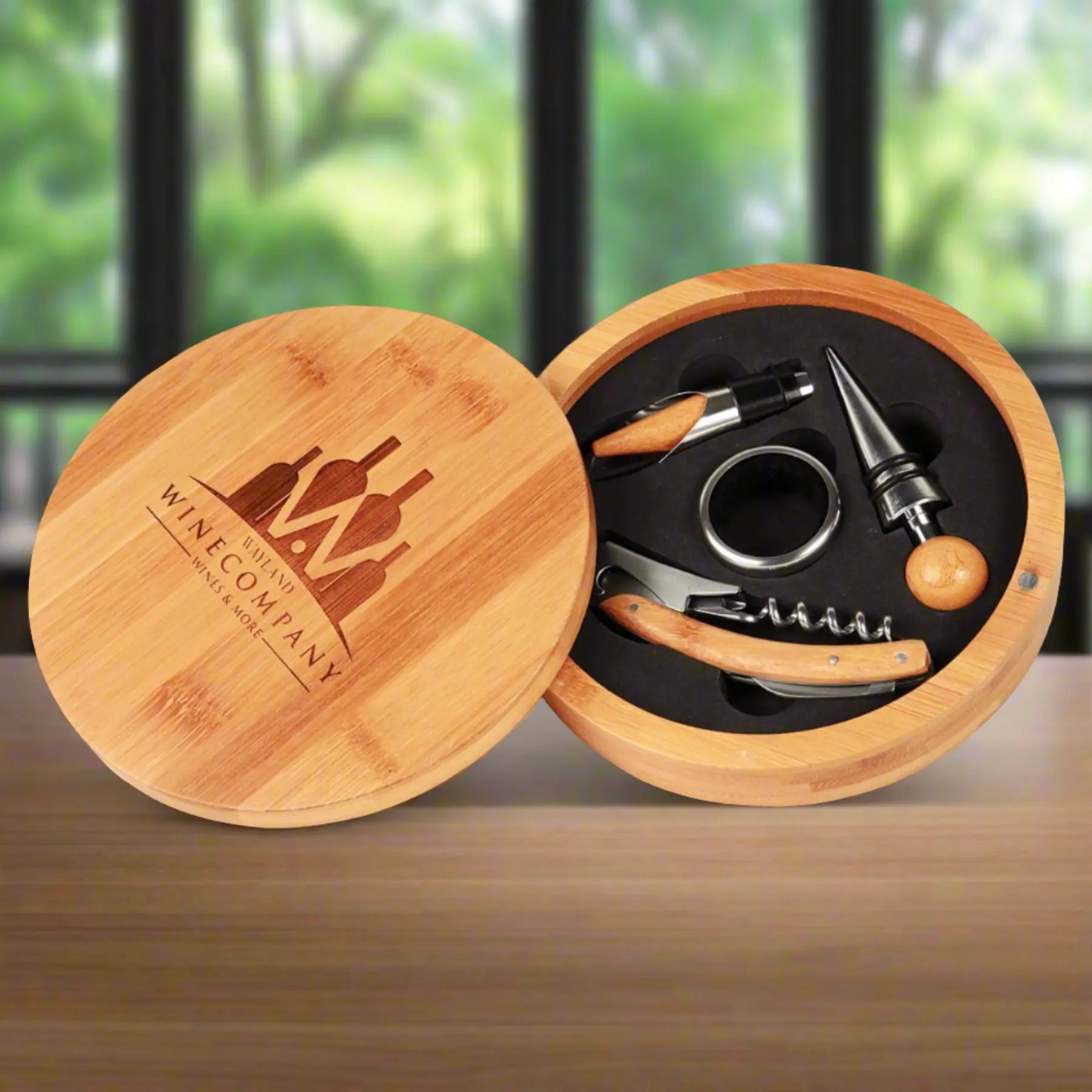 Personalized Round 4-Piece Wine Tool Gift Set, Bamboo Wood JDS