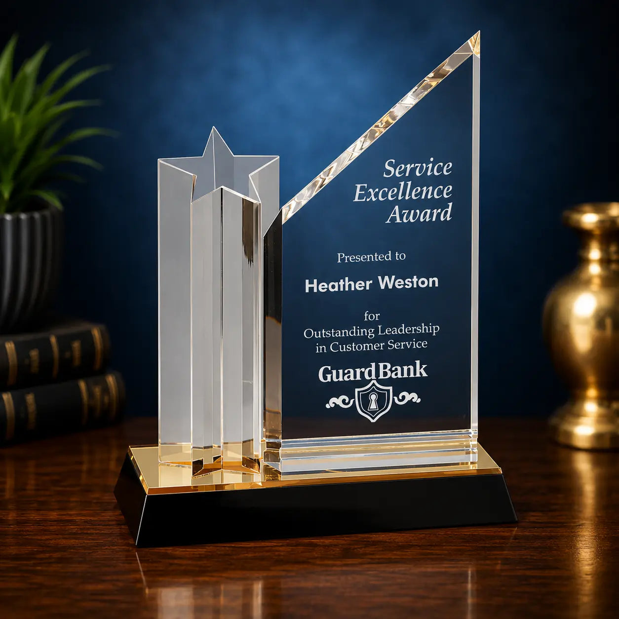 Personalized 9" Clear Star Column Acrylic Award Gold & Black Base | Custom Engraved Recognition Award Sams Engraving and Gifts