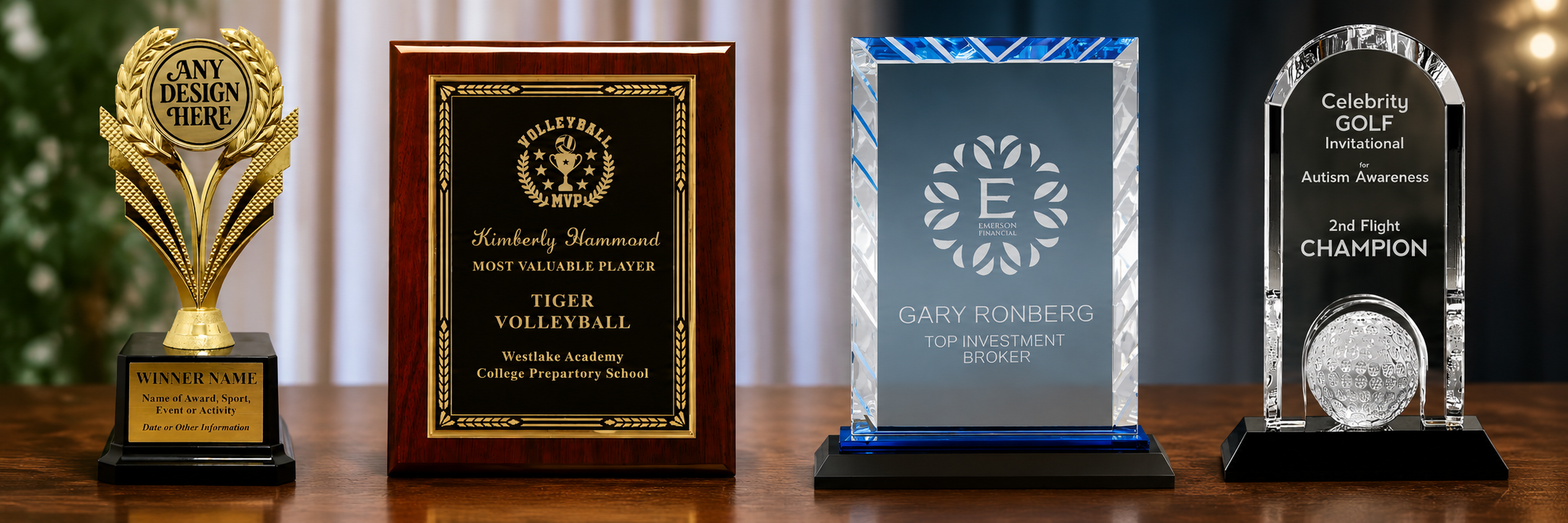 Personalized awards and recognition collection featuring engraved plaques, crystal awards, glass awards, and sports trophies.