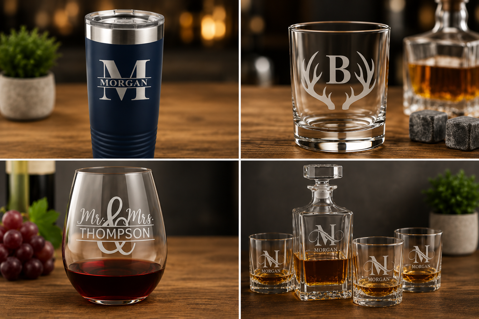 Custom engraved drinkware and barware including tumblers, whiskey glasses, wine glasses, and decanter sets