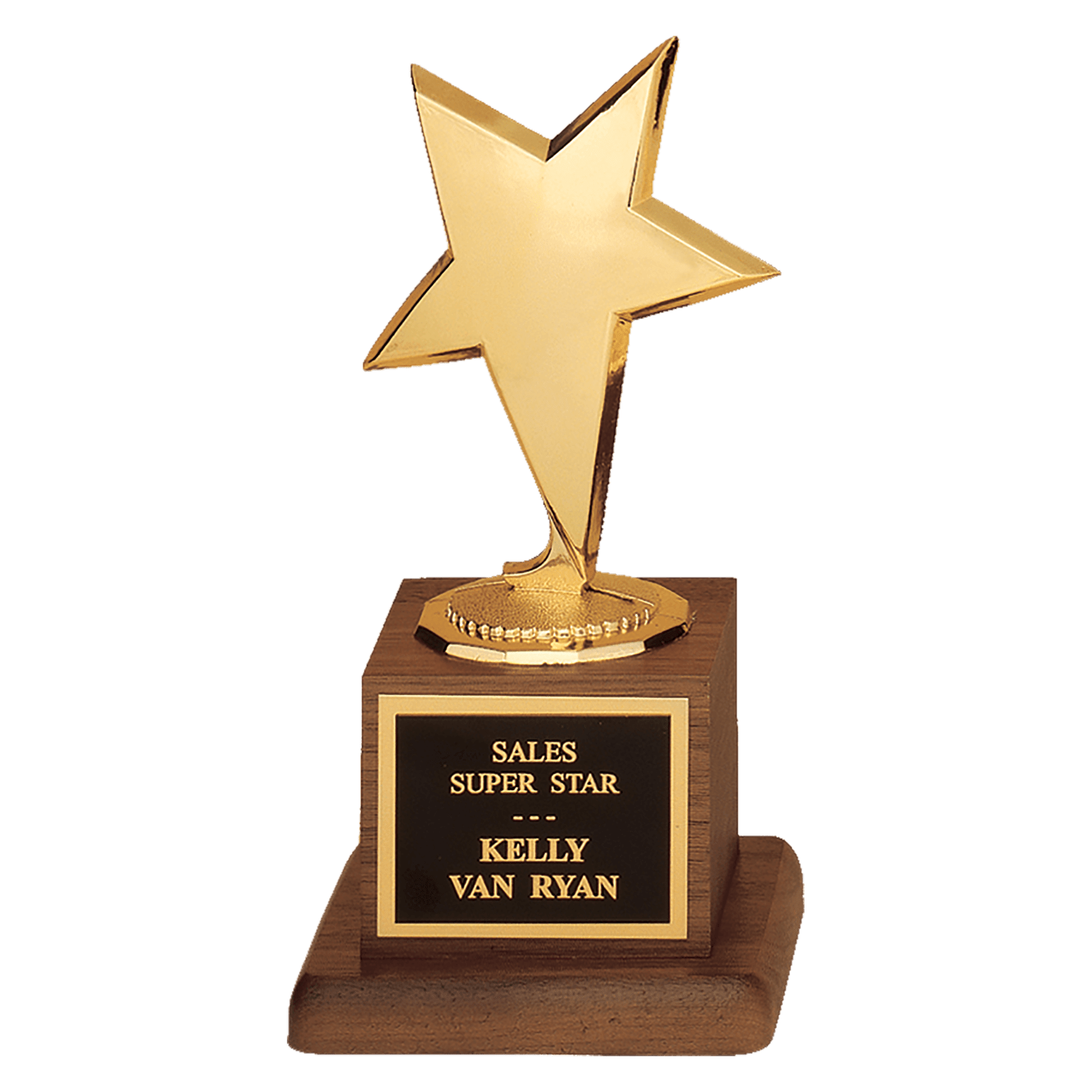 Modern Gold Star Casting Standing Award Trophy, Walnut Finish Base, Black Plate, 6.75"