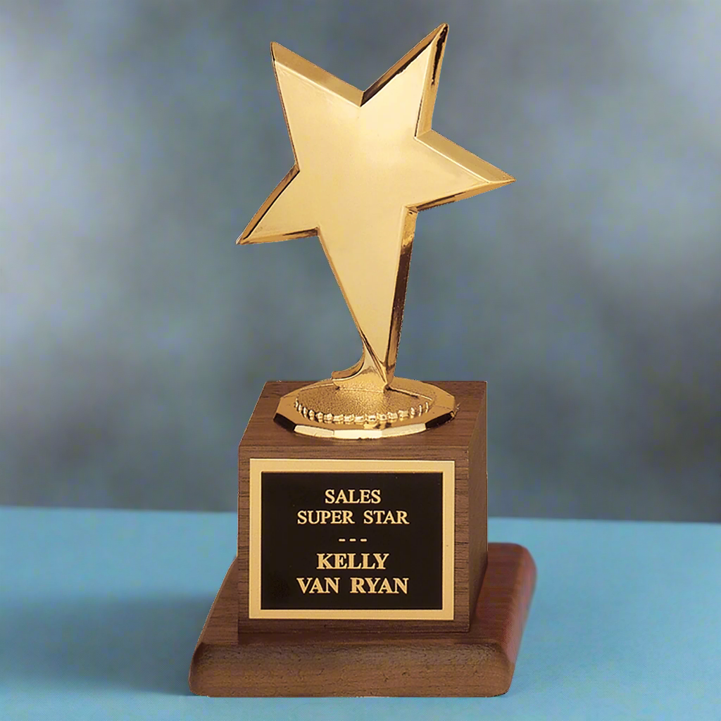 Modern Gold Star Casting Standing Award Trophy, Walnut Finish Base, Black Plate, 6.75"