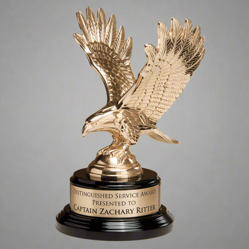 Fully Modeled Gold Finish Metal Eagle Standing Award on Round Black Piano Finish Base, 9"