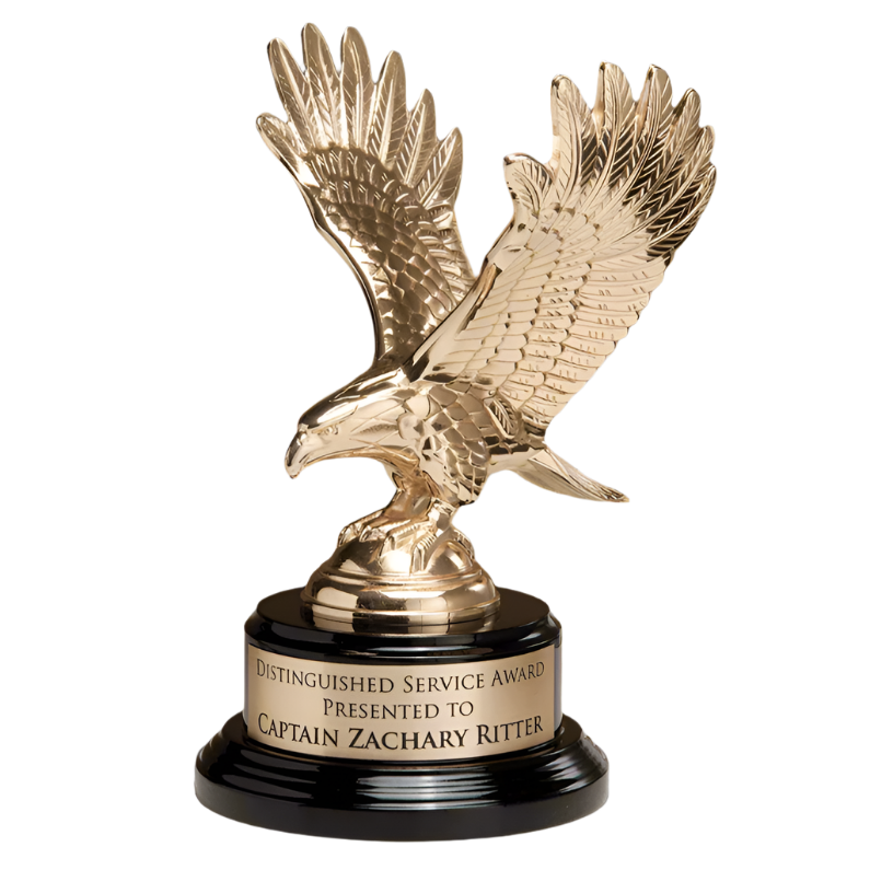 Fully Modeled Gold Finish Metal Eagle Standing Award on Round Black Piano Finish Base, 9"