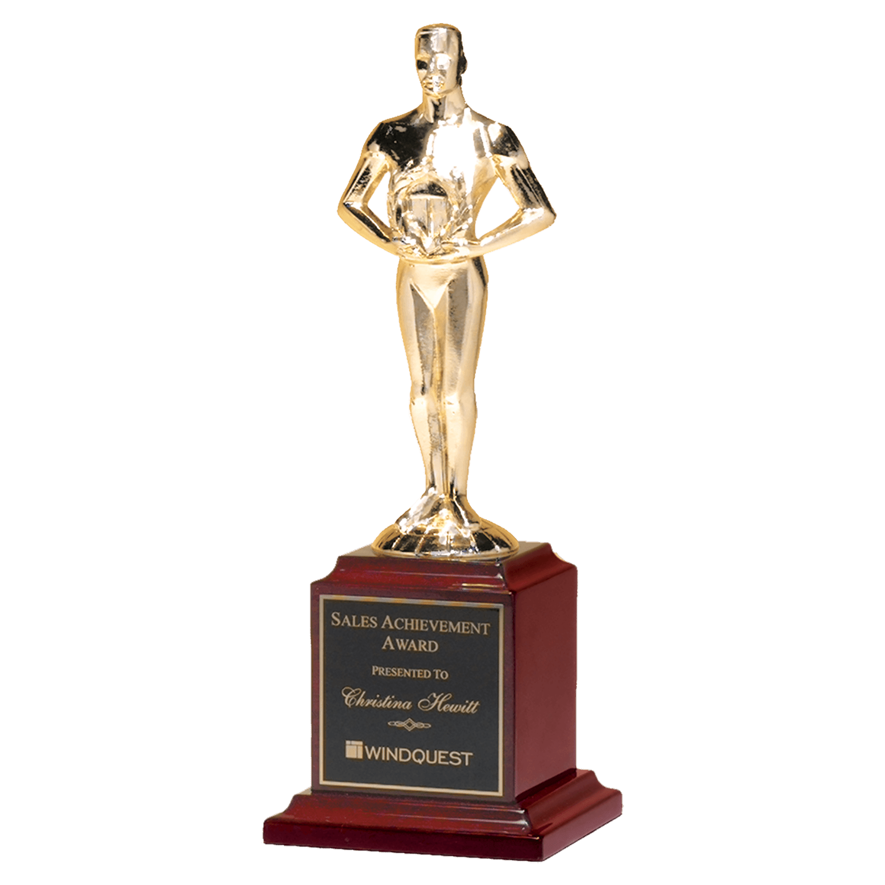 Classic Statue Achiever Figure Trophy Standing Award on Rosewood Piano Finish Base, Goldtone Cast Metal, 2 Sizes Available