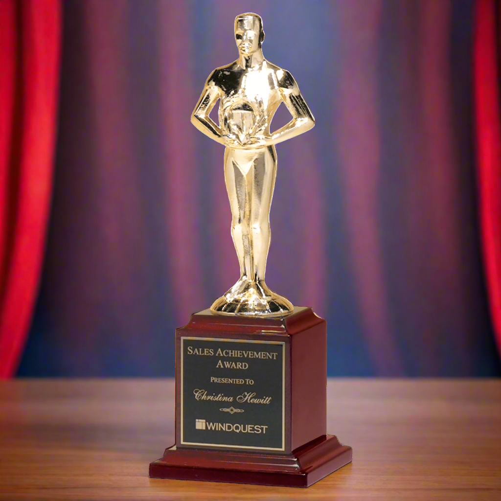 Classic Statue Achiever Figure Trophy Standing Award on Rosewood Piano Finish Base, Goldtone Cast Metal, 2 Sizes Available