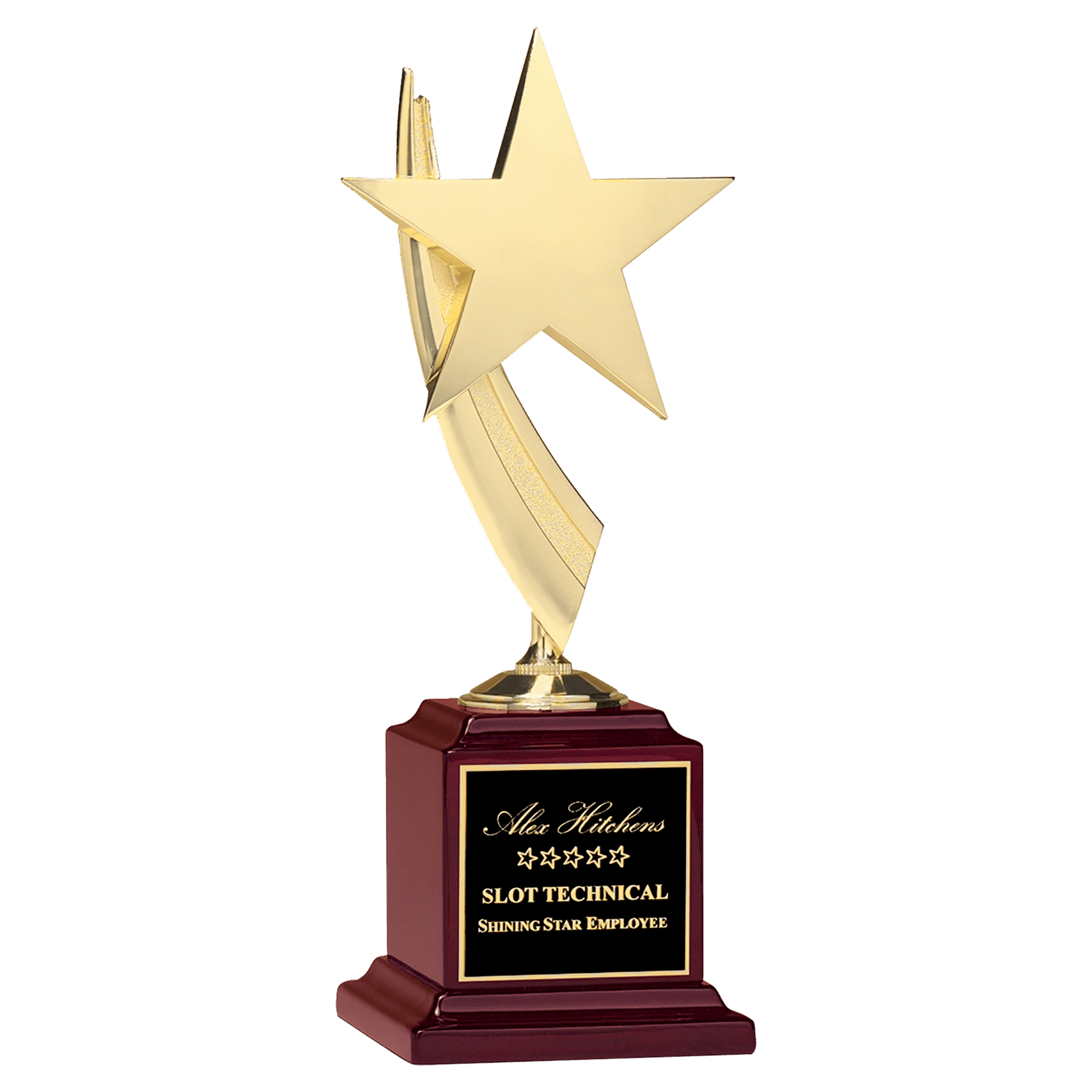 Gold Star Casting Standing Award Trophy, Rosewood Piano Finish Base, Black Plate, 13"