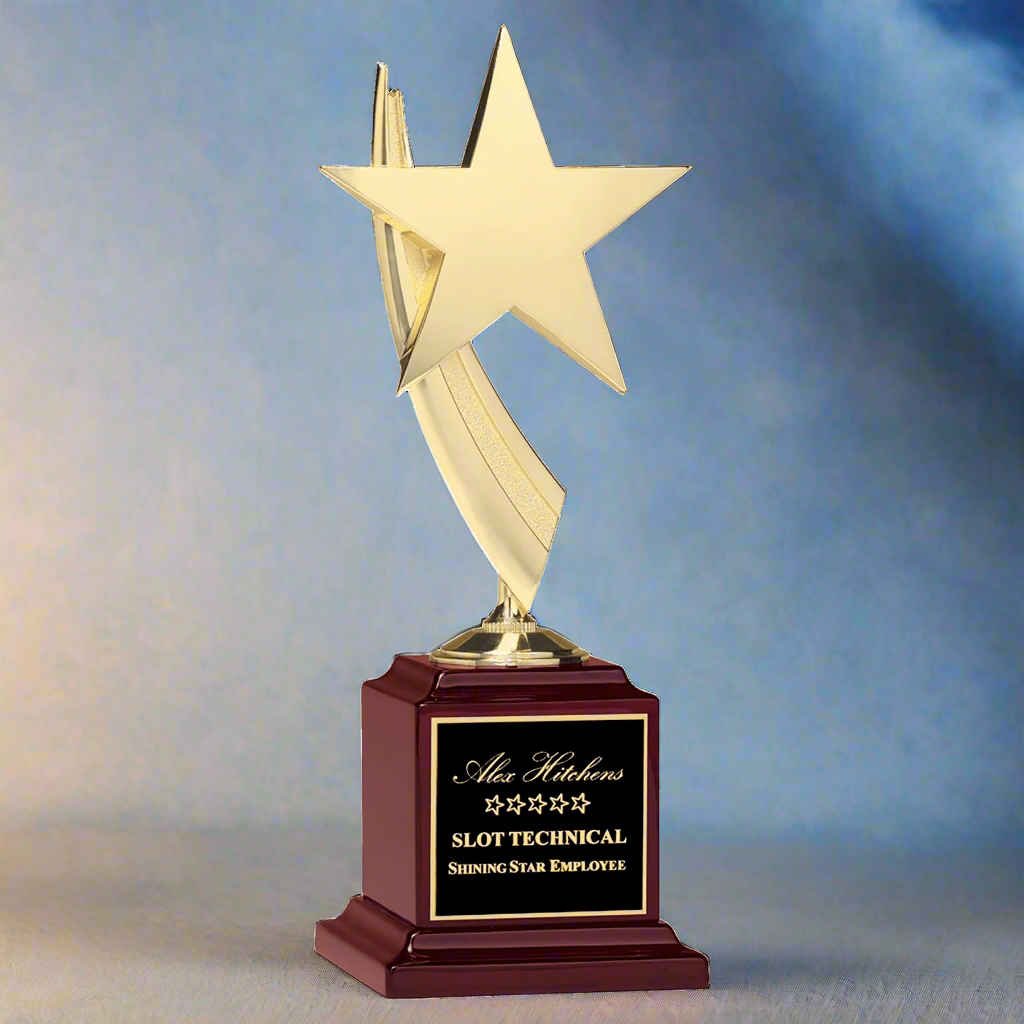 Gold Star Casting Standing Award Trophy, Rosewood Piano Finish Base, Black Plate, 13"