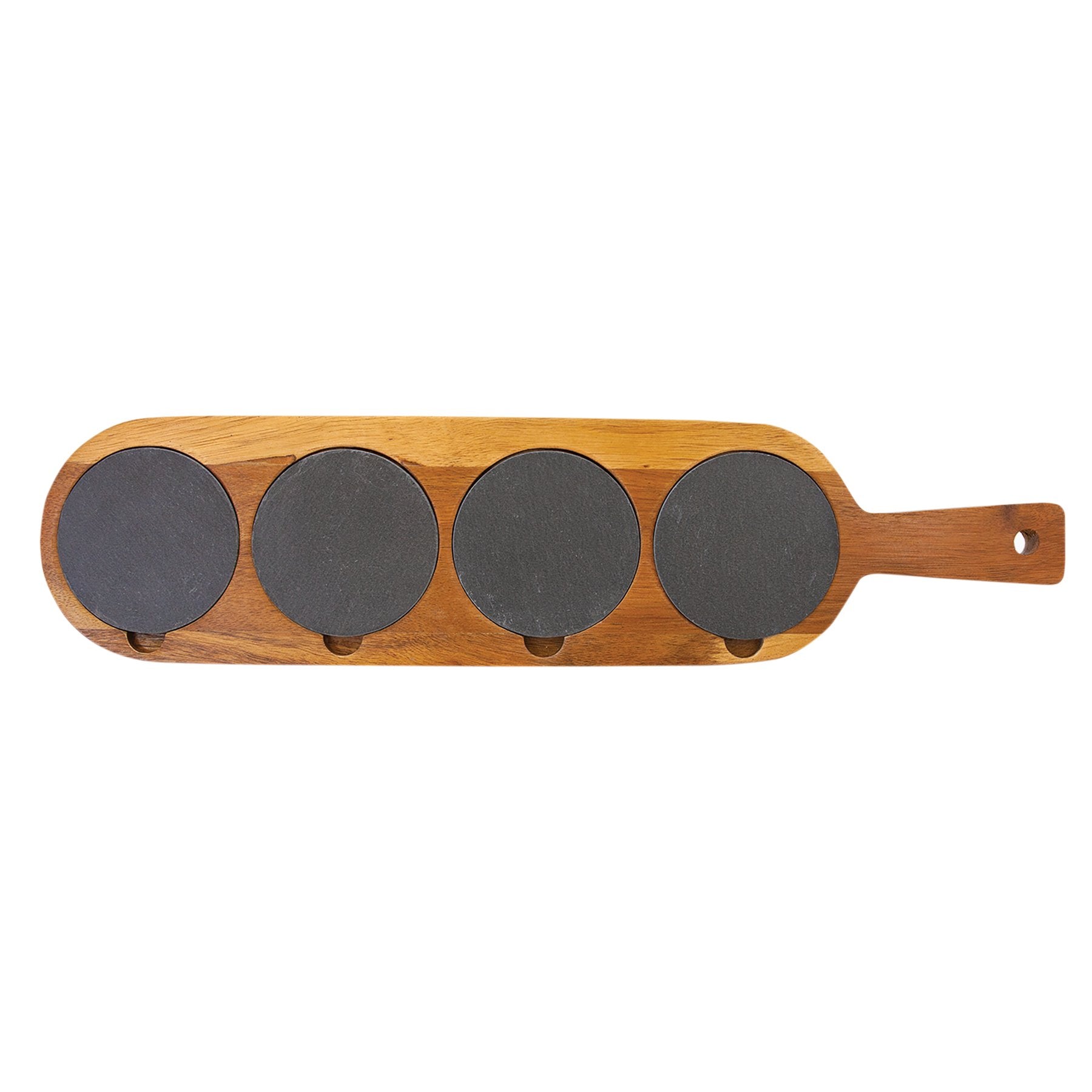 Personalized 4-Piece Serving Board with Handle and Removable Slate Coasters, Acacia Wood