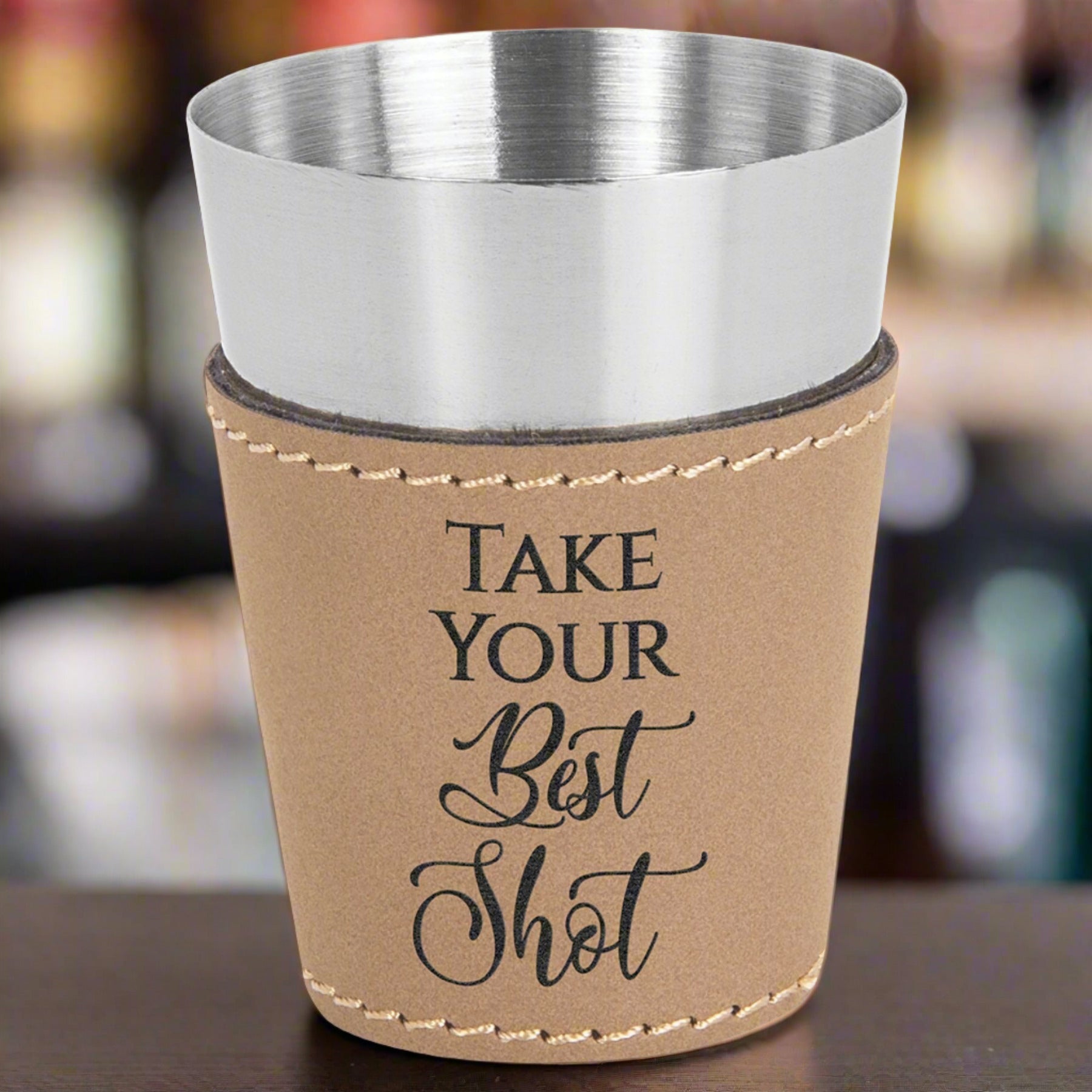 Personalized 2 oz. Shot Glass, Leatherette and Stainless Steel