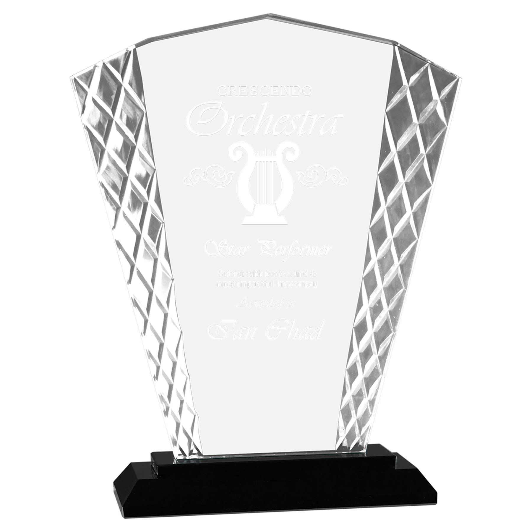 Fan Accent Glass Standing Award with Presentation Box, 2 Sizes & Colors