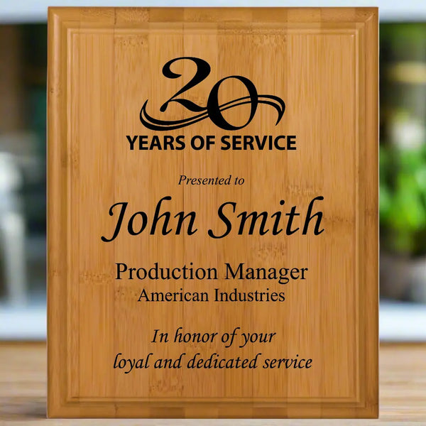 Custom Engraved Genuine Bamboo Plaque Award, Black Engraving, 8
