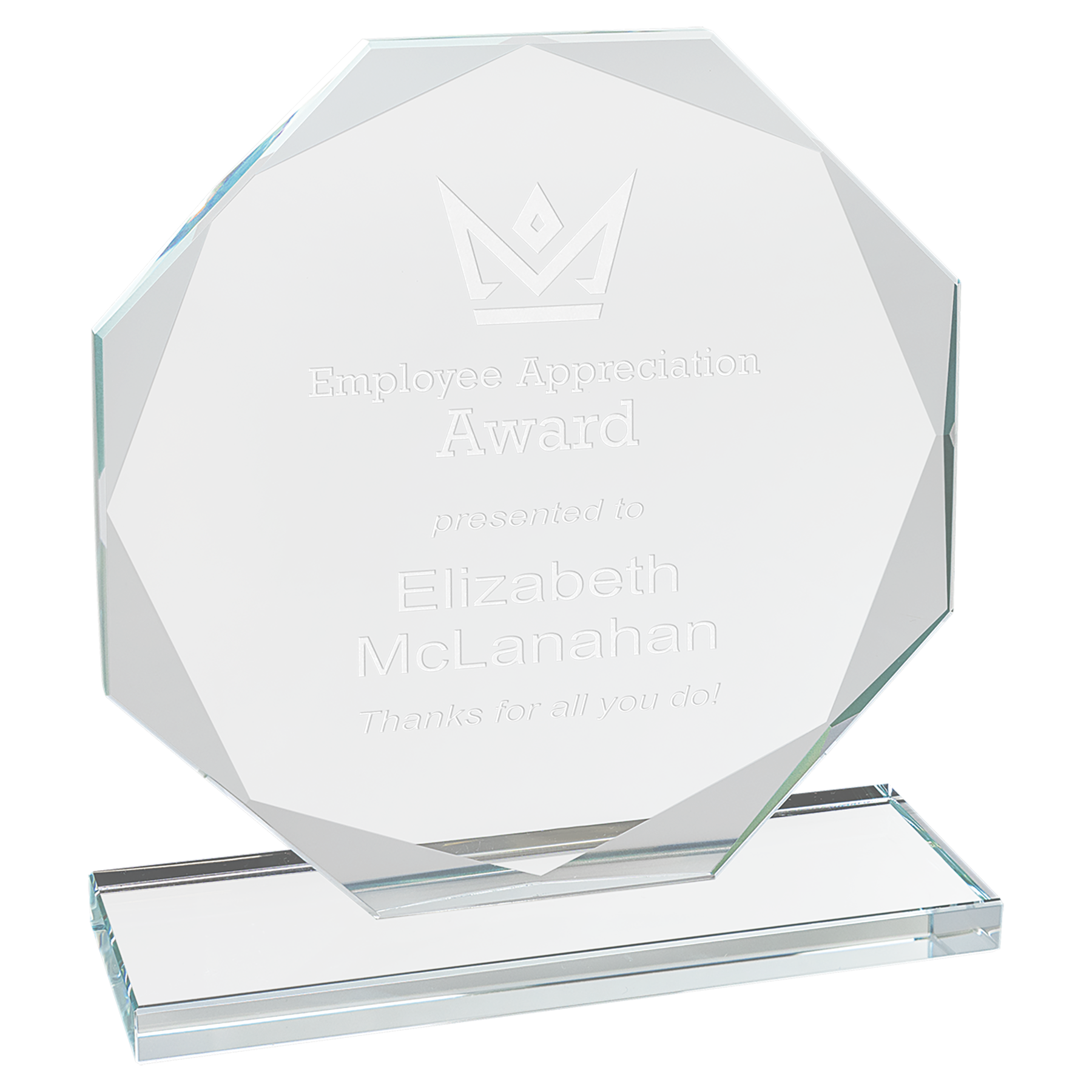 Octagon Beveled Edge Glass Standing Award with Lined Presentation Box, 2 Sizes