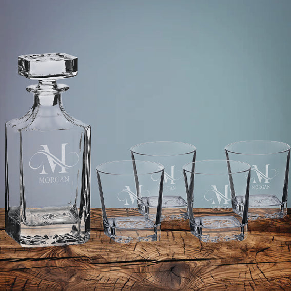 Personalized Glass Decanter Set, Square 750ml Decanter with  Four 11 oz Glasses