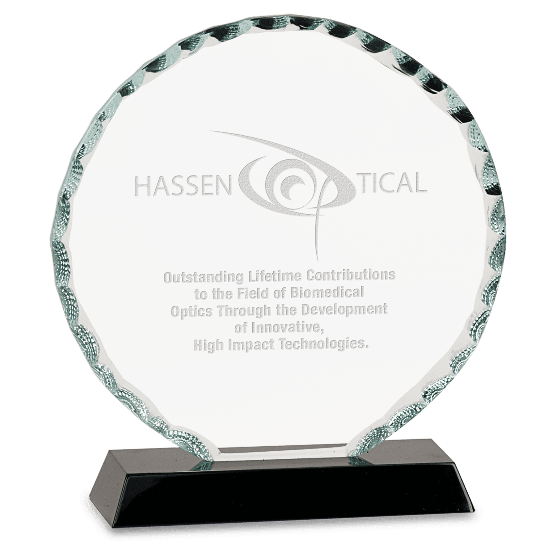 Round Facet Premier Glass Standing Award on Black Base, 2 Sizes