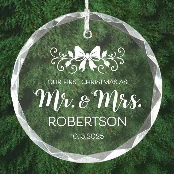 Personalized First Christmas Wedding Announcement Gift Glass Christmas Ornament / Suncatcher, Round, 3.25" (Copy)  Sams Engraving and Gifts