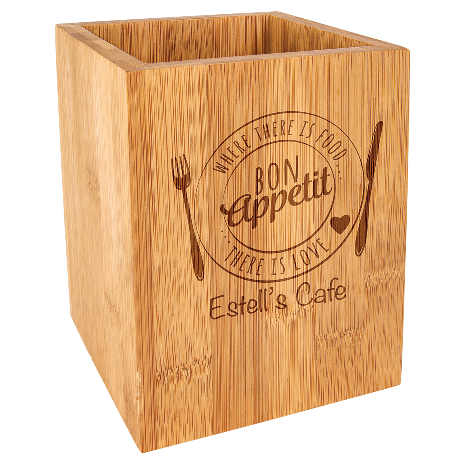 Personalized Bamboo Wood Utensil Holder, 4 1/4" x 6"