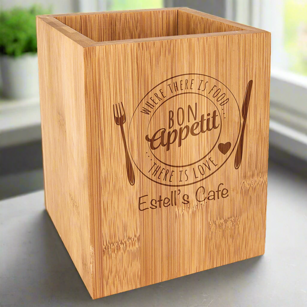 Personalized Bamboo Wood Utensil Holder, 4 1/4" x 6"