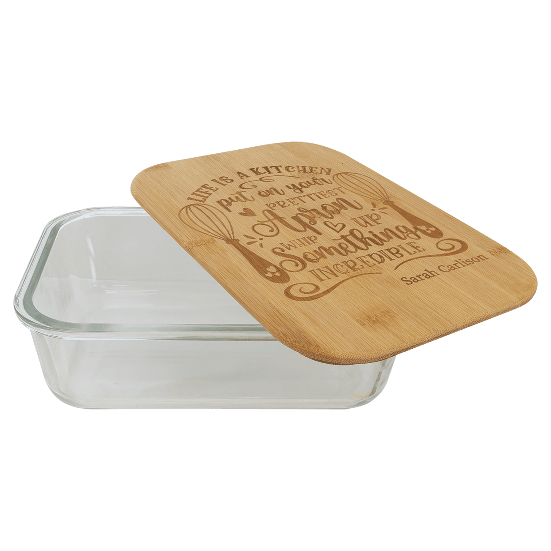 Personalized Rectangle Glass Baking Dish/Food Storage Container with Bamboo Lid, 4 Sizes
