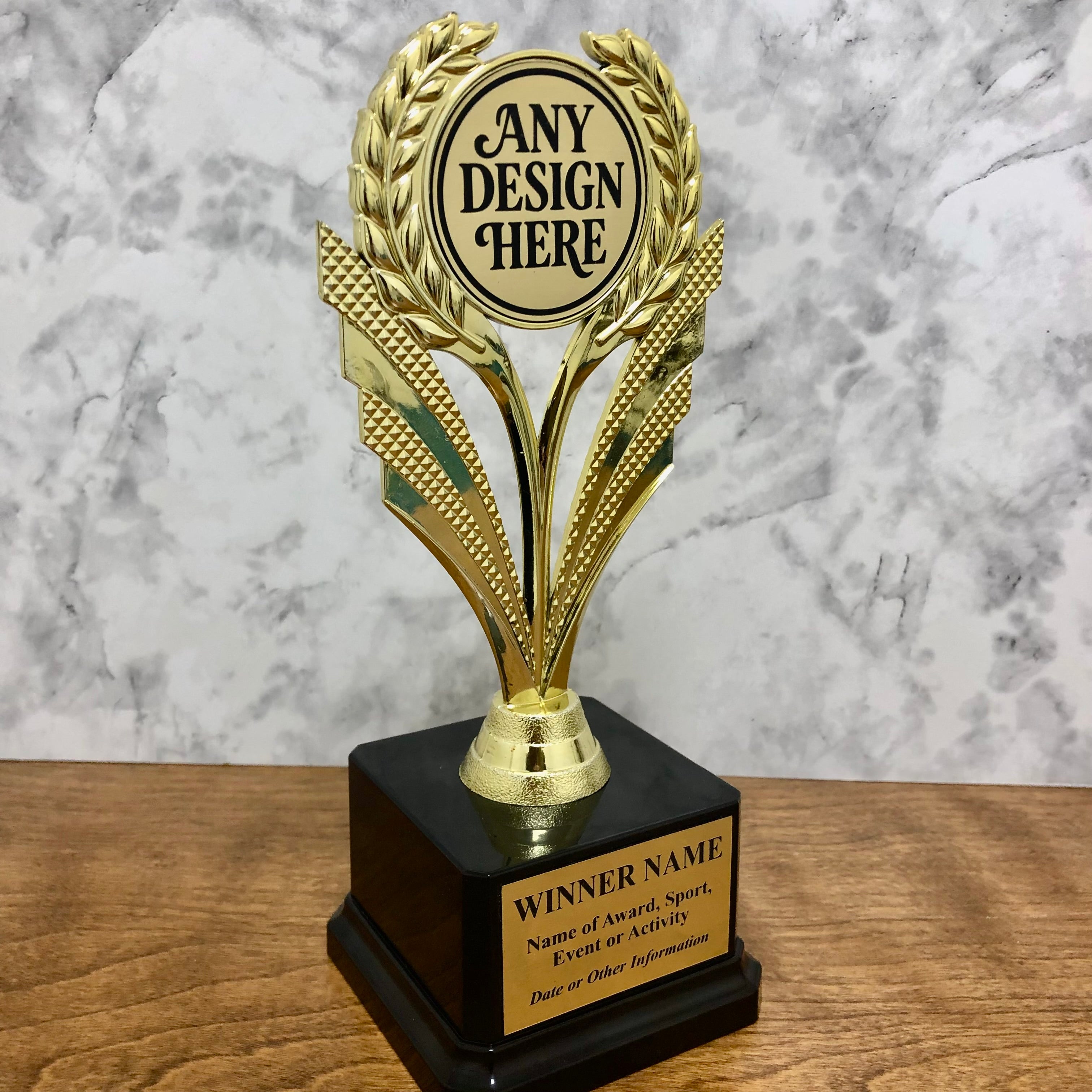 Economy 10” Trophy with Custom Topper and Engraved Plate on Weighted Base - Sams Engraving and Gifts