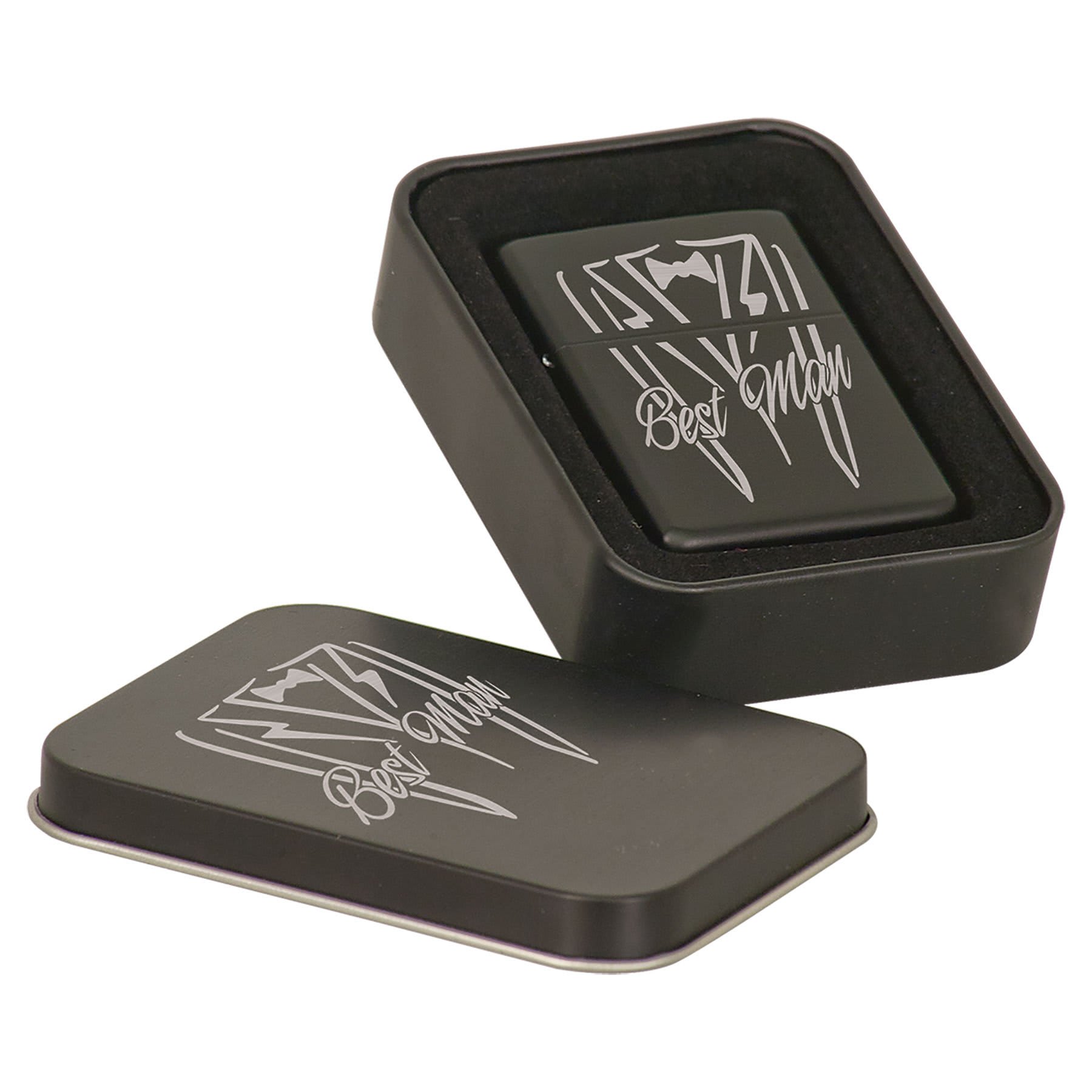 Personalized Chrome or Matte Black Lighter in Black Tin