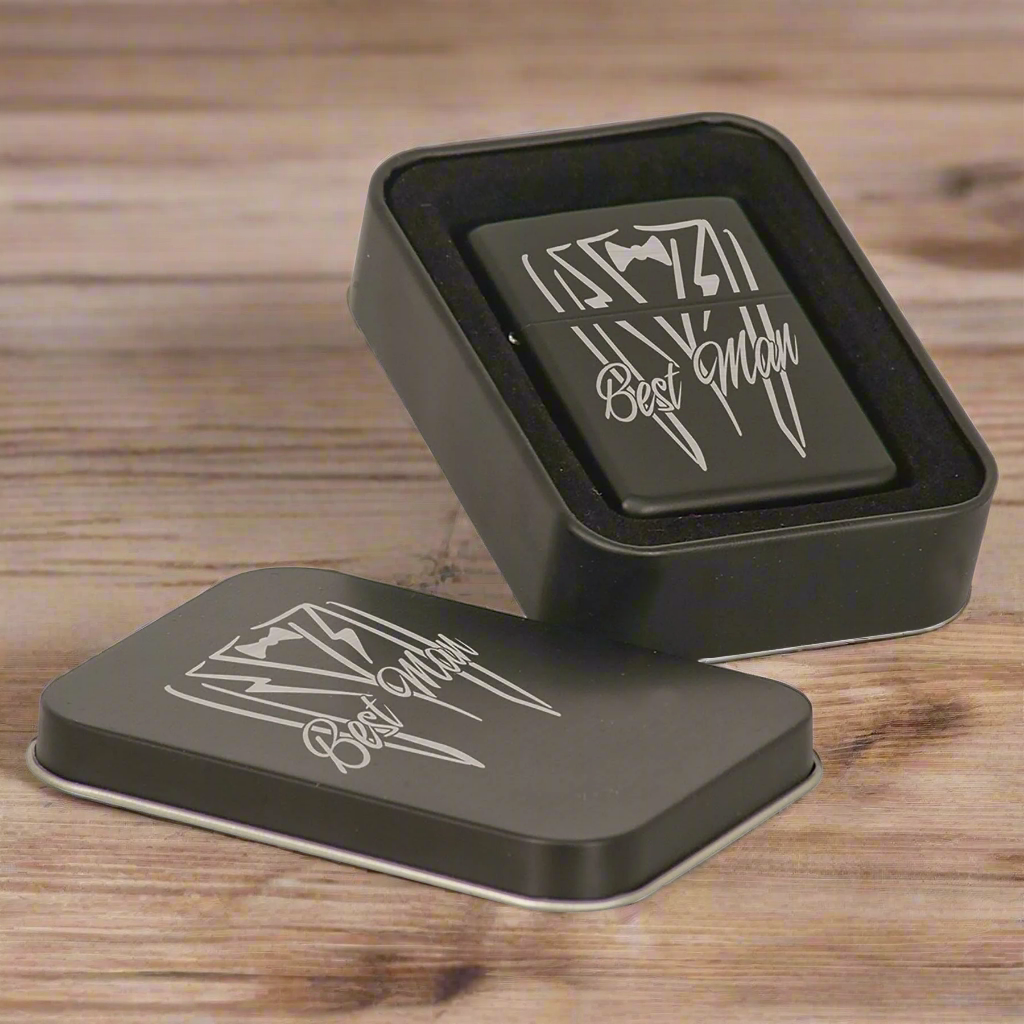 Personalized Chrome or Matte Black Lighter in Black Tin