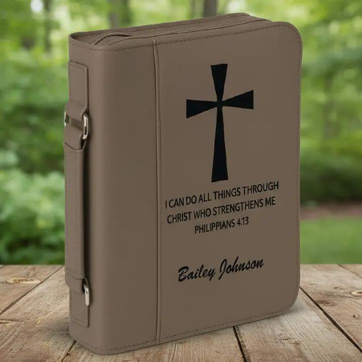 Personalized Bible/Book Cover with Pocket, Handle and Zipper, Leatherette, 7.5” x 10.75”, 11 Colors  Sams Engraving and Gifts