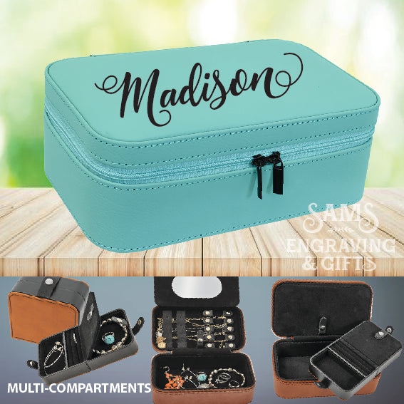 Personalized Jewelry Box With Mirror and Multiple Compartments, Leatherette, 7.5" X 4.5″