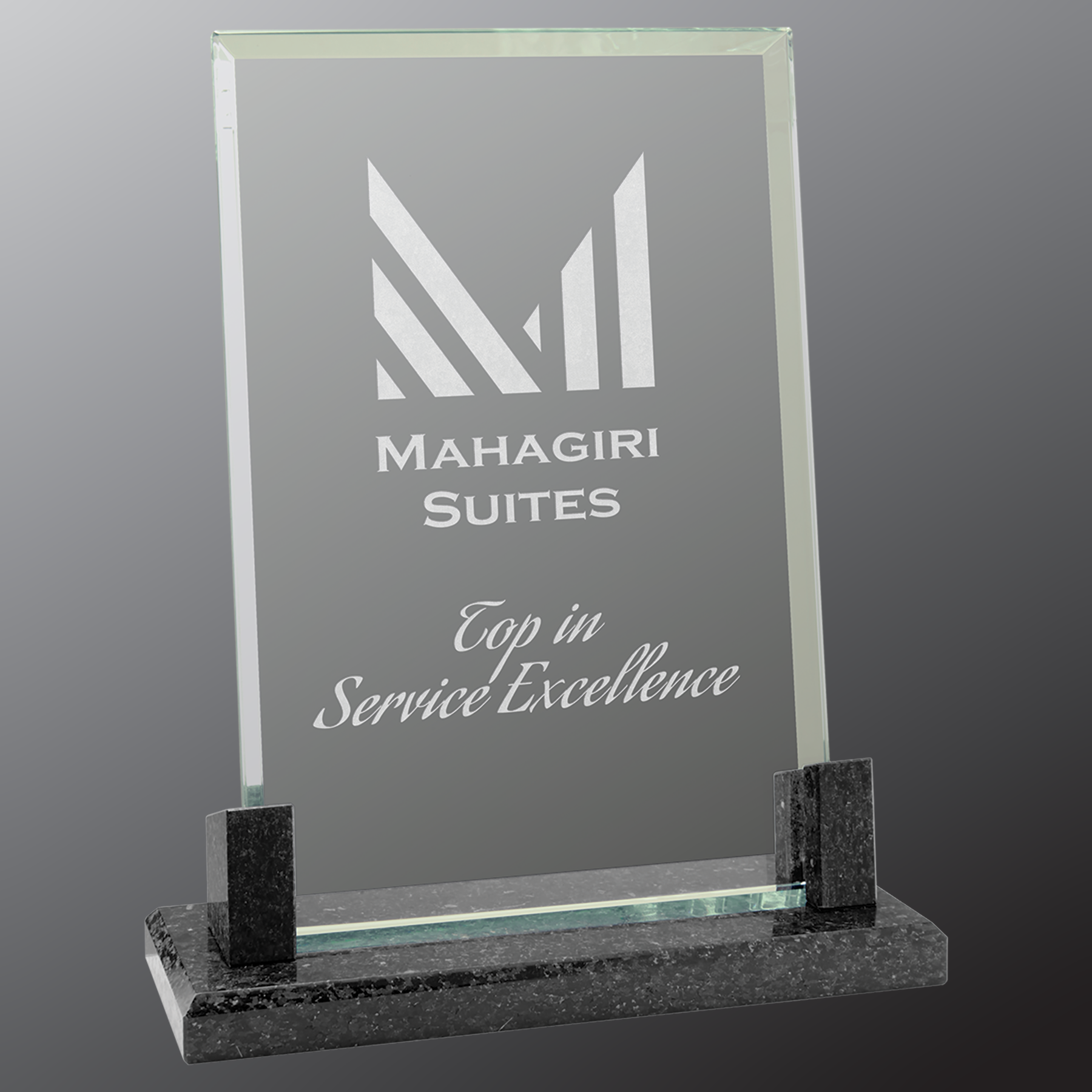 Rectangle Glass Standing Award with Marble Base, Includes Lined Presentation Box, 2 Sizes