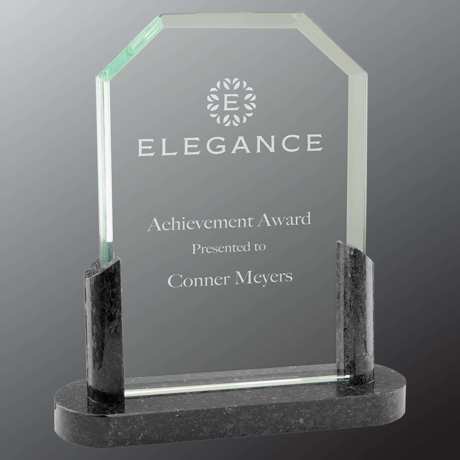 Clipped Corner Glass Standing Award with Marble Base, Includes Lined Presentation Box, 2 Sizes