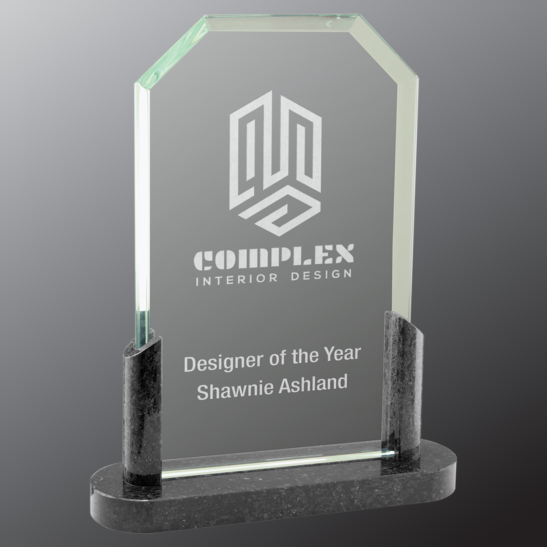 Clipped Corner Glass Standing Award with Marble Base, Includes Lined Presentation Box, 2 Sizes