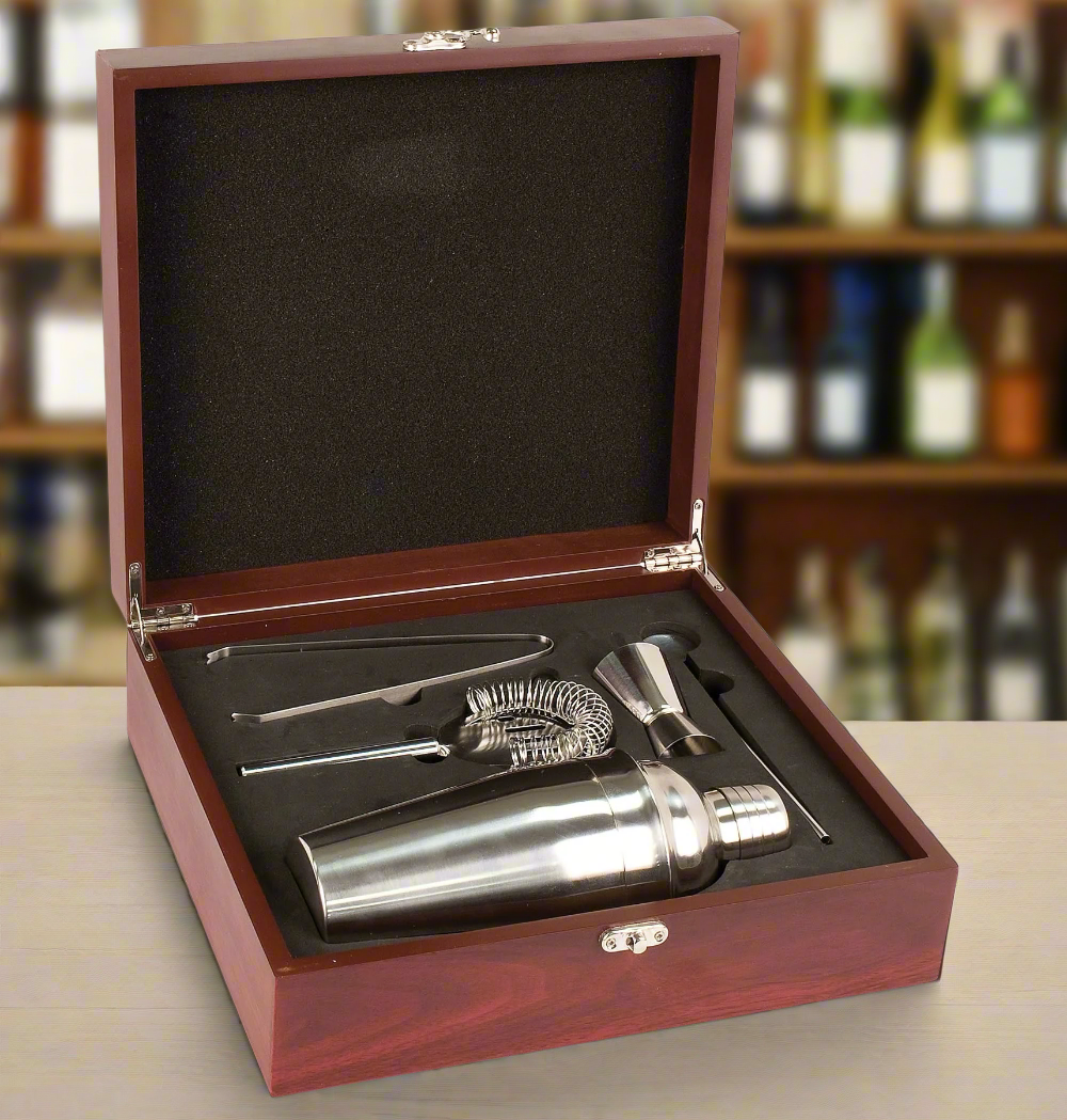 Personalized Martini Set with Shaker and Accessories, Rosewood Finish, 11 5/8" x 10 3/8" x 4"