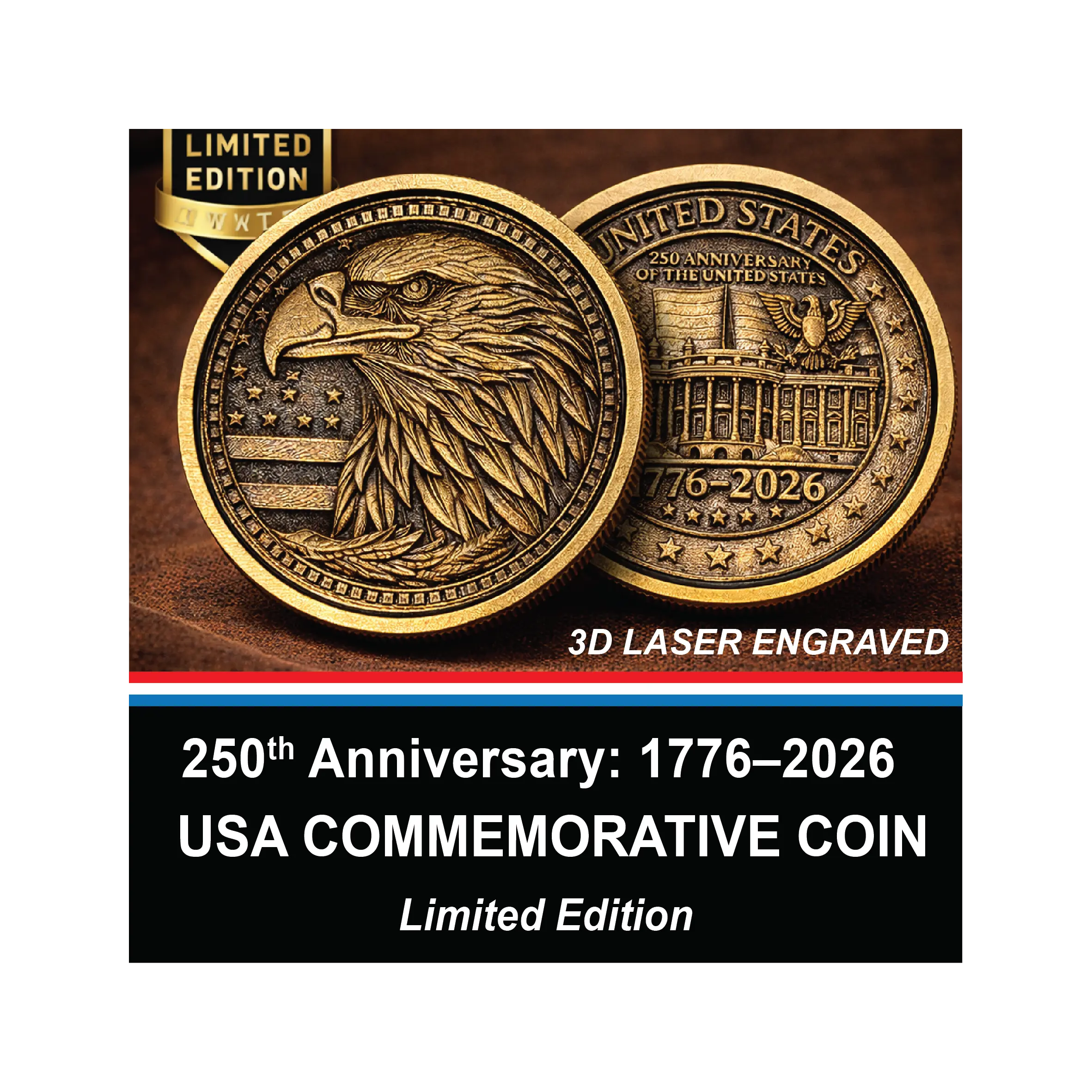 Limited Edition 1776–2026 USA 250th Anniversary Commemorative Coin – Solid Brass Deep Engraved Eagle Medallion (Collector Edition Gift)  Sams Engraving and Gifts