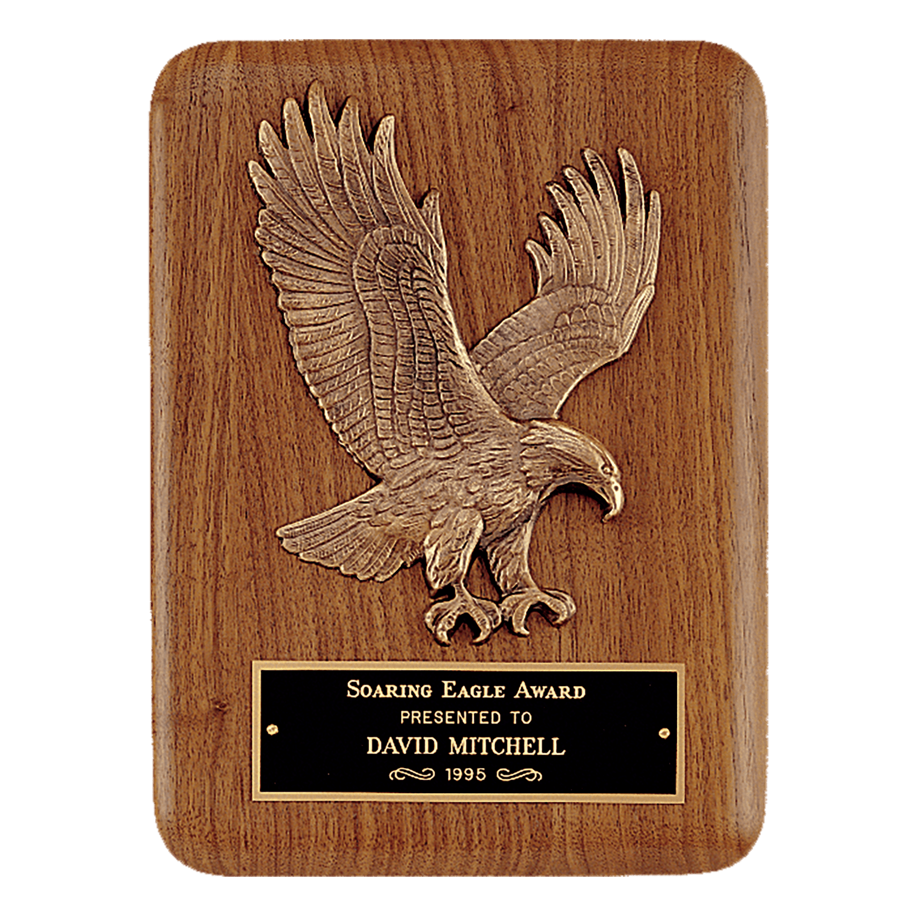 Solid American Walnut Plaque with Sculptured Gold Eagle, Black Brass Plate, 2 Sizes Available