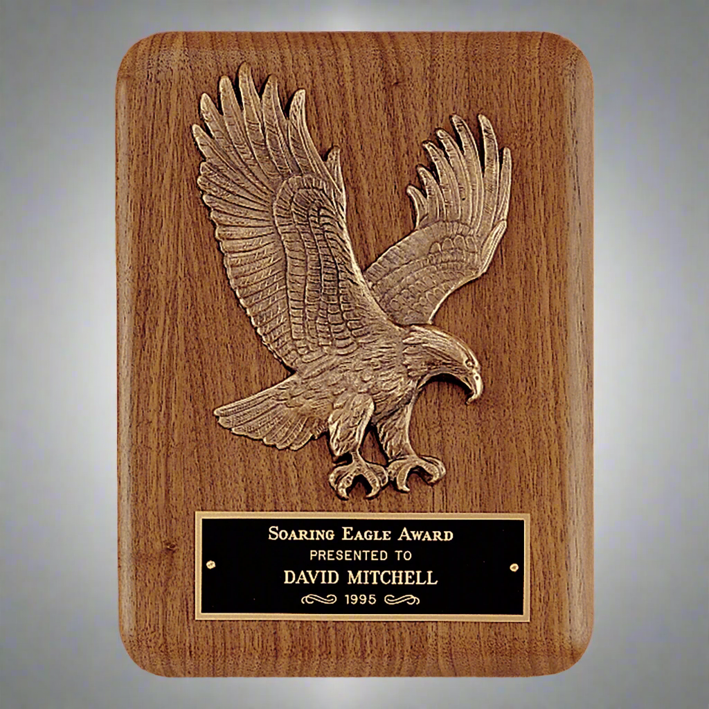 Solid American Walnut Plaque with Sculptured Gold Eagle, Black Brass Plate, 2 Sizes Available