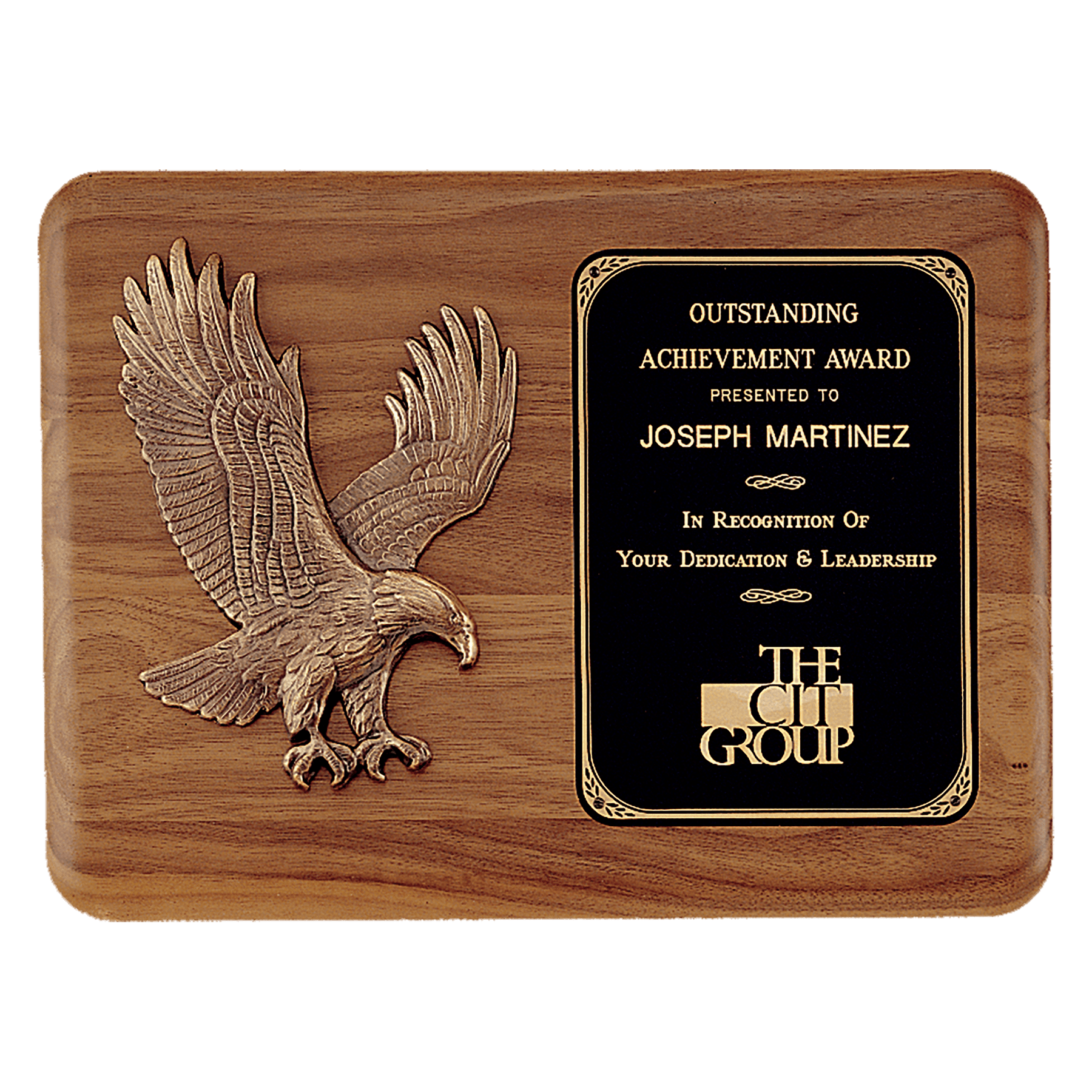 Solid American Walnut Plaque with Sculptured Eagle and Black Brass Plate, 15" x 11", Horizontal