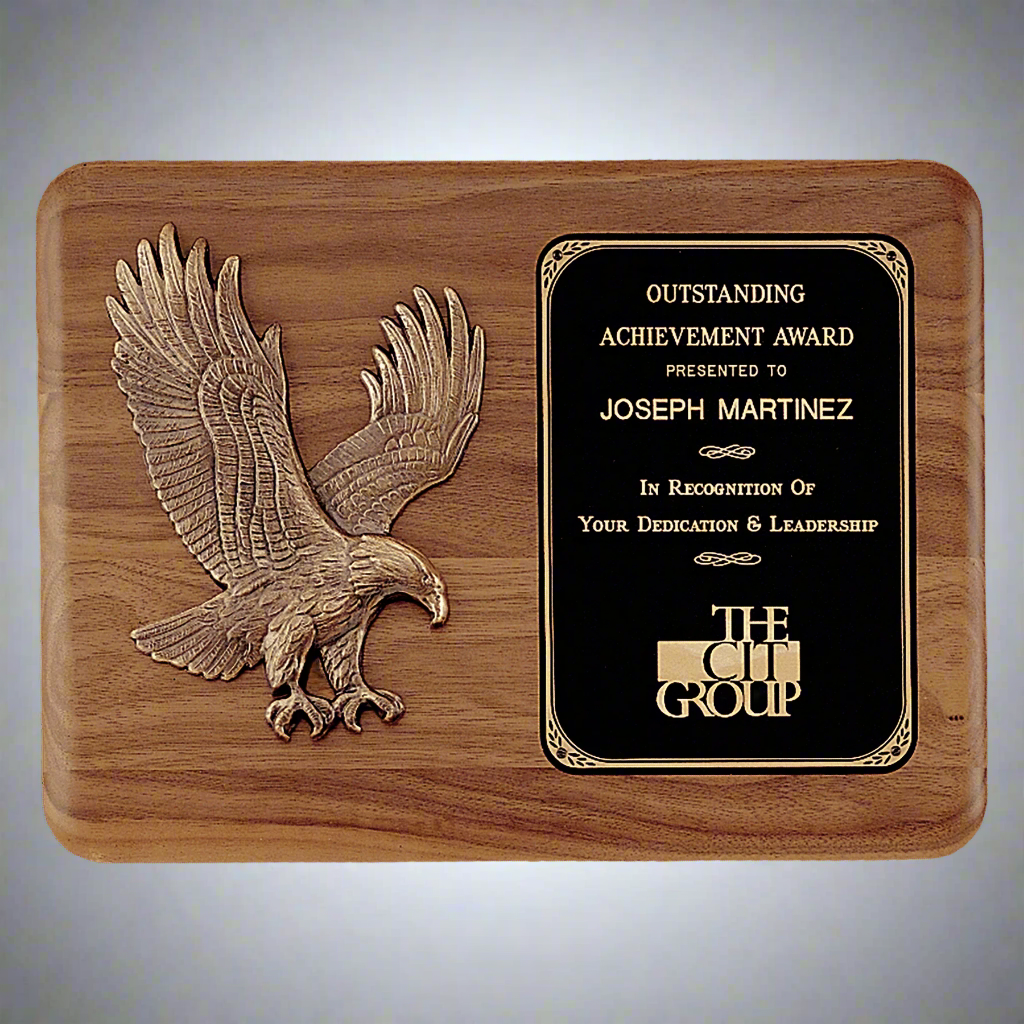 Solid American Walnut Plaque with Sculptured Eagle and Black Brass Plate, 15" x 11", Horizontal