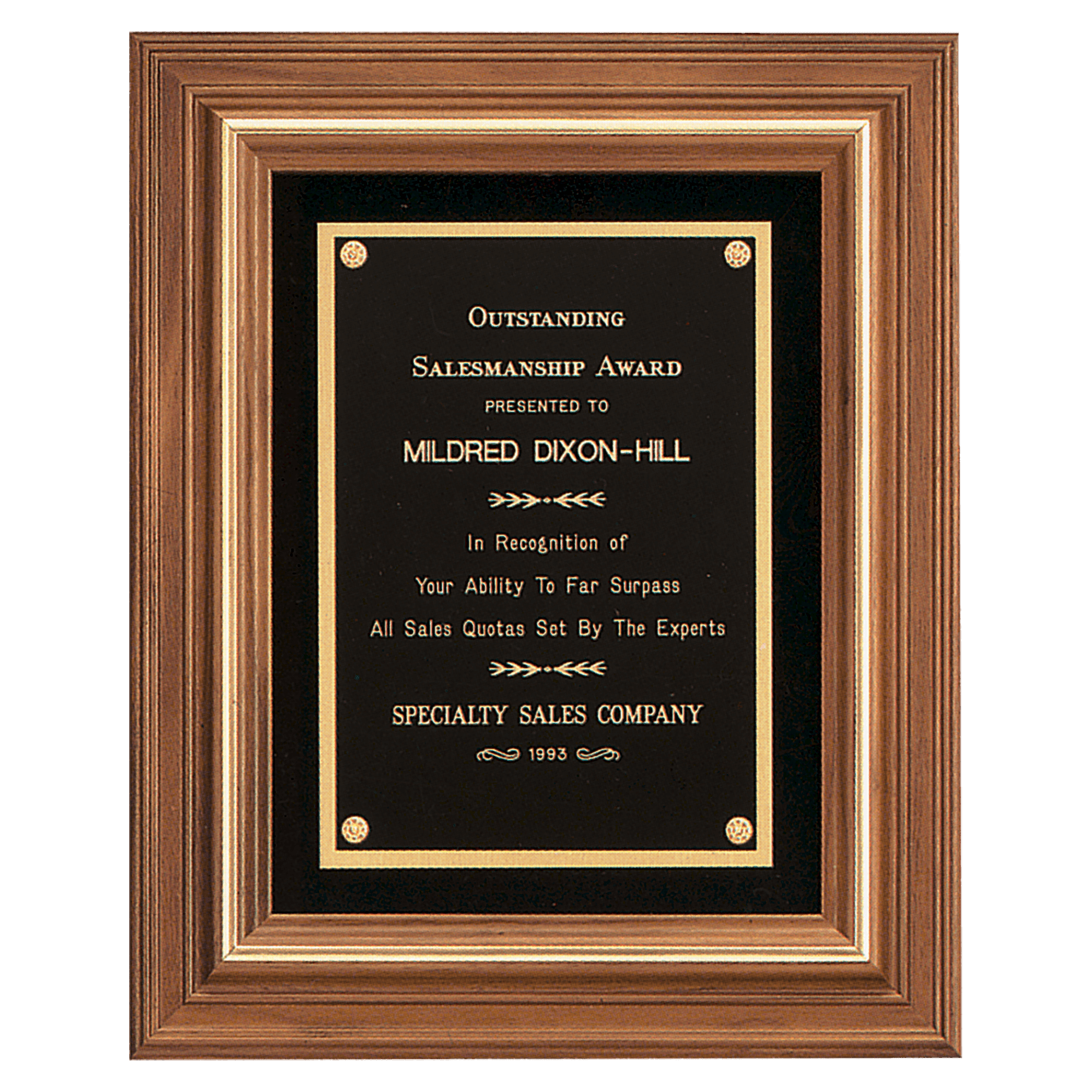 American Walnut Framed Plaque with Gold Trim, Black Brass Plate, 12" x 14"