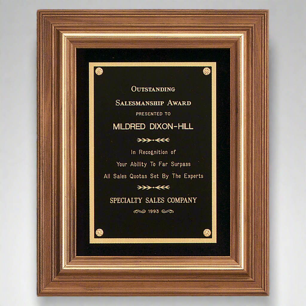 American Walnut Framed Plaque with Gold Trim, Black Brass Plate, 12" x 14"