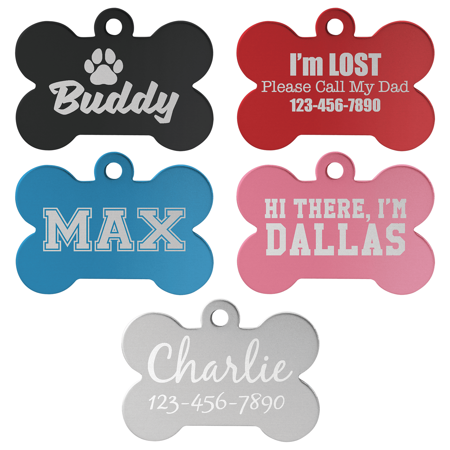 Personalized Double-Sided Bone Shape Pet Name Tag, Anodized Aluminum, 1.5" x  1"