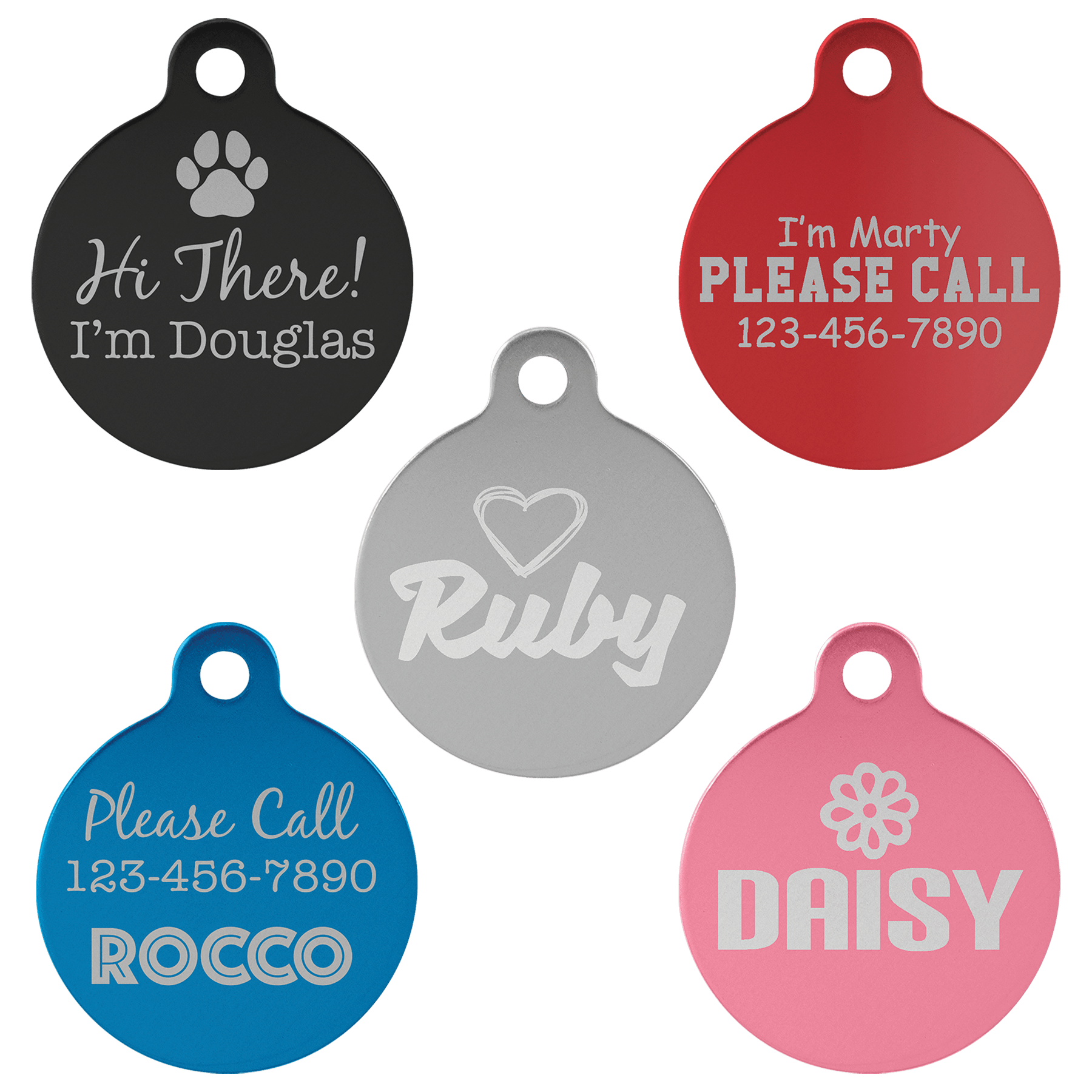 Personalized Double-Sided Round Shape Pet Name Tag, Anodized Aluminum, 1.25"