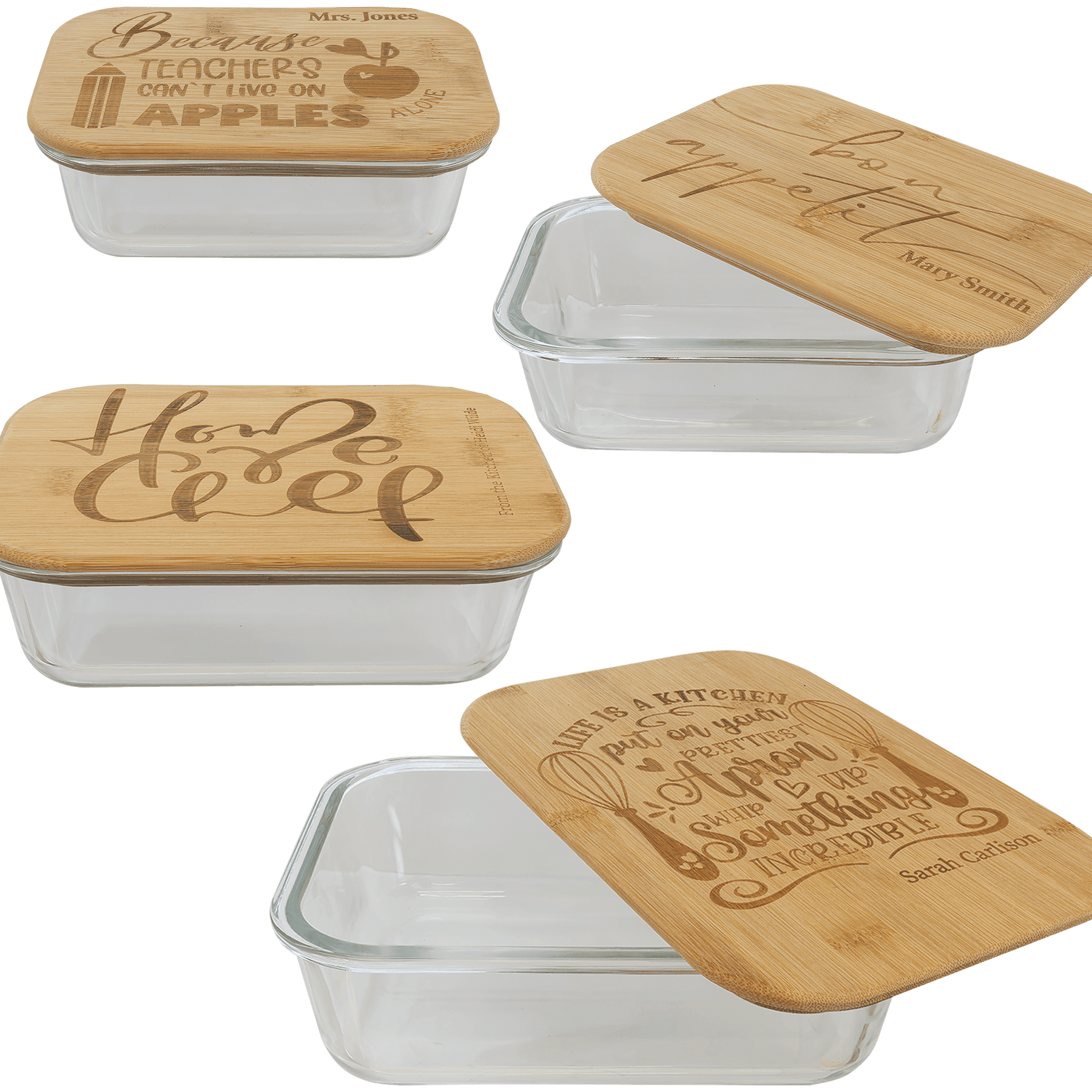 Personalized Rectangle Glass Baking Dish/Food Storage Container with Bamboo Lid, 4 Sizes