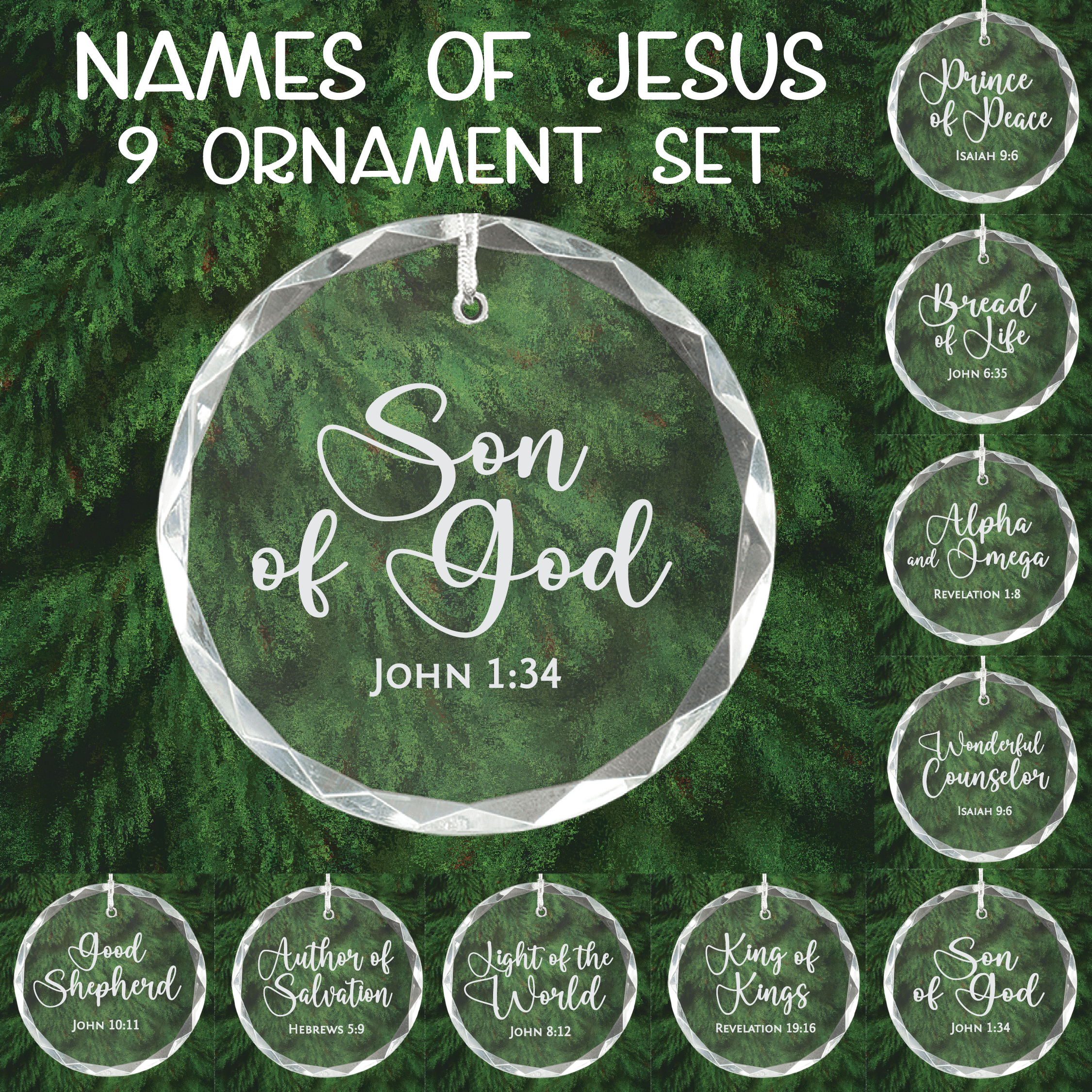 Set of 'Names of Jesus' ornaments on a green Christmas tree background