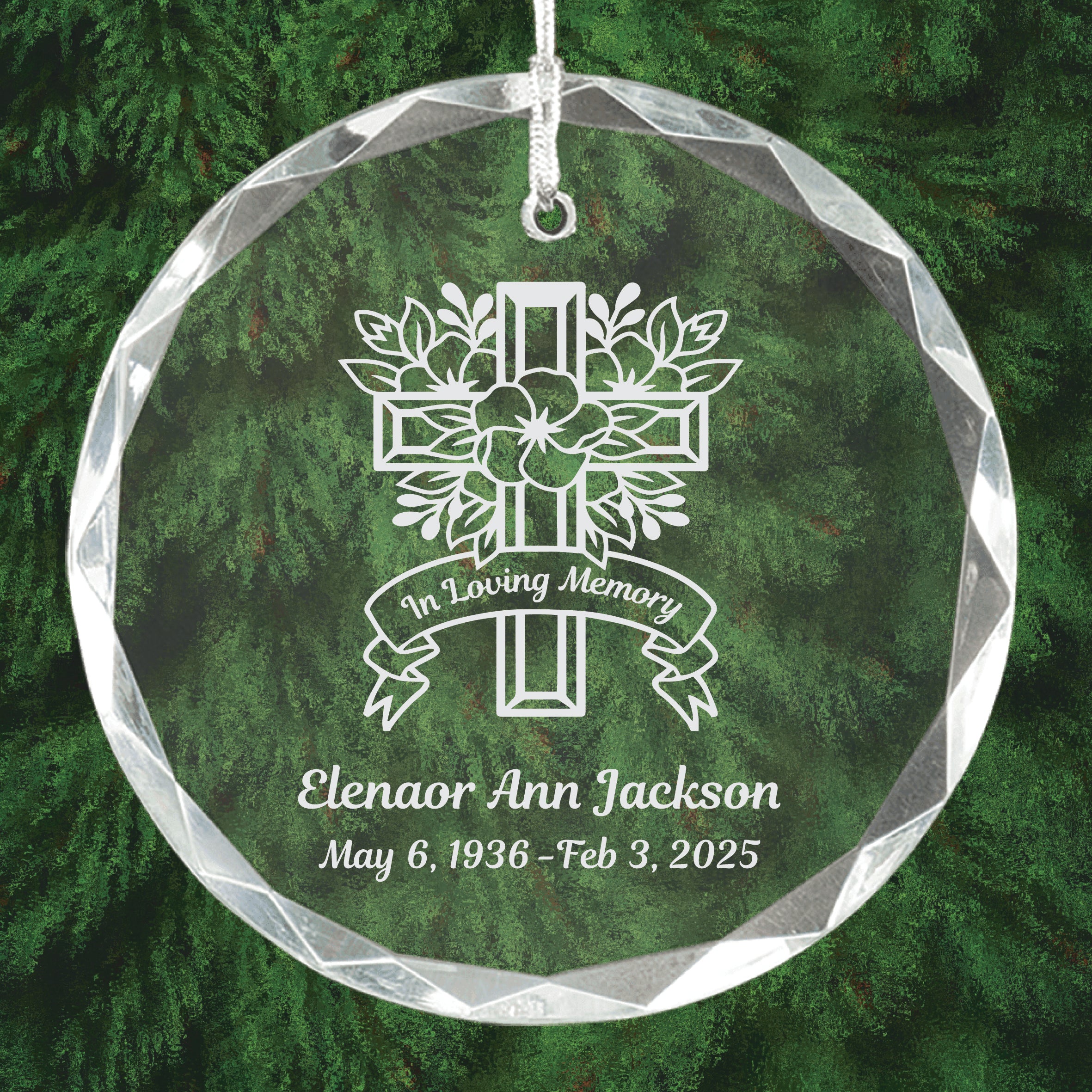 Personalized Christian Cross Memorial Glass Christmas Ornament / Suncatcher, Round, 3.25"
