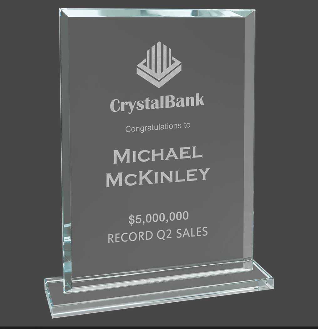 Rectangle Beveled Edge Glass Standing Award with Lined Presentation Box, 2 Sizes