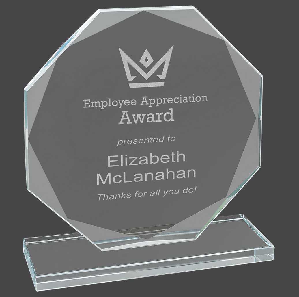 Octagon Beveled Edge Glass Standing Award with Lined Presentation Box, 2 Sizes