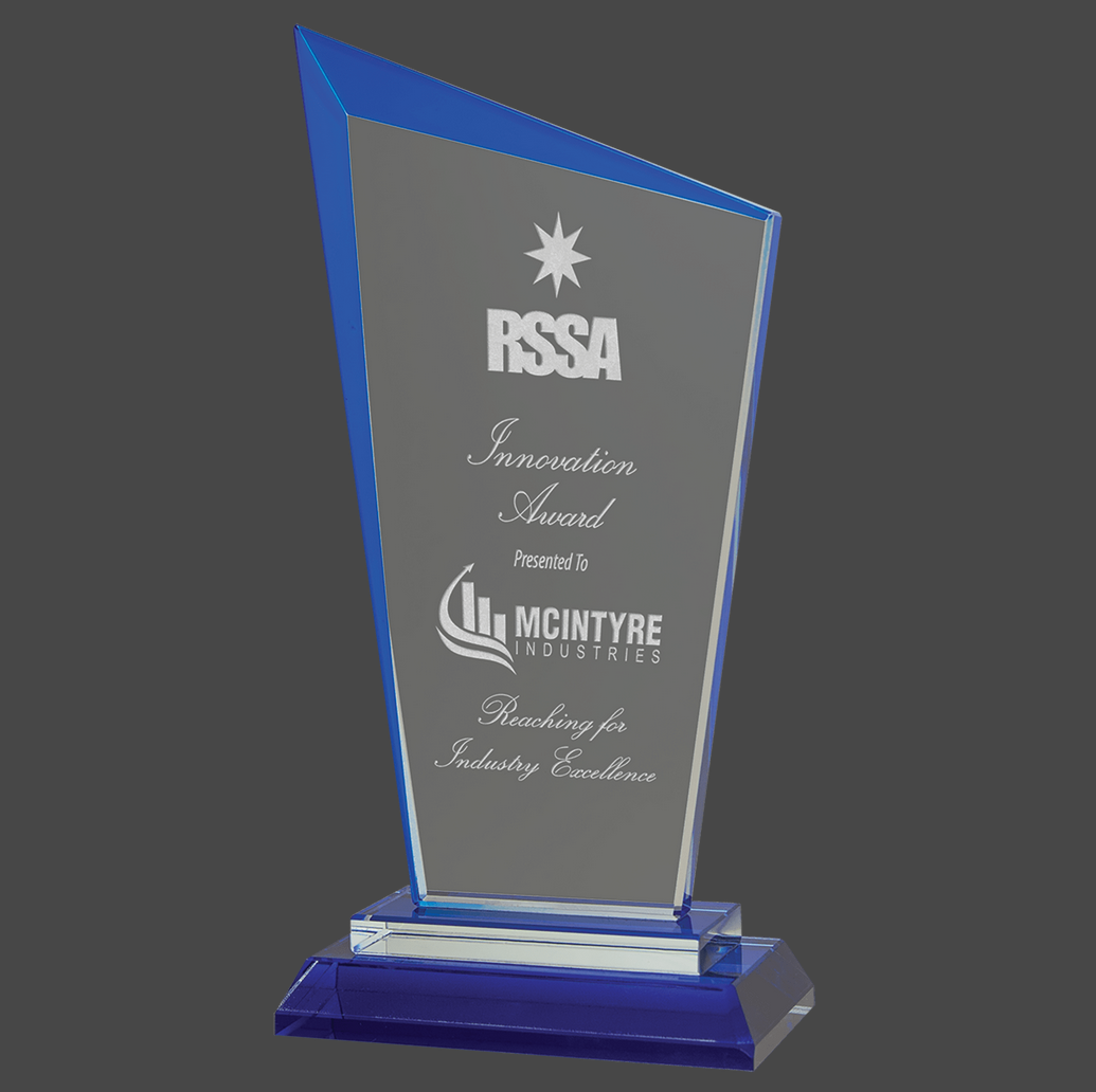 Razor Glass Beveled Edge Standing Award with Presentation Box, 2 Sizes & Colors